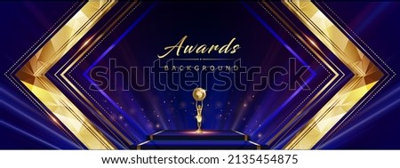Blue Golden Polygonal Edge Frame Stage Spotlights. Royal Awards Graphics Background. Lights Elegant Shine Modern Template. Luxury Premium Corporate Template. Diamond shape Abstract trophy Certificate 