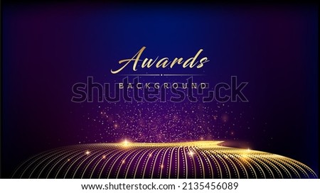 Blue Golden dotted Edge Lines Stage Spotlights. Royal Awards Graphics Background. Lights Elegant Shine Shimmer Modern. Luxury Premium Corporate Template. Sparkling wavy flow Abstract Certificate Post Royalty-Free Stock Photo #2135456089