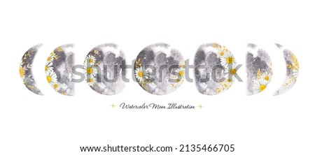 Watercolor moon phases illustration with floral golden elemetns. Isolated on white background. 