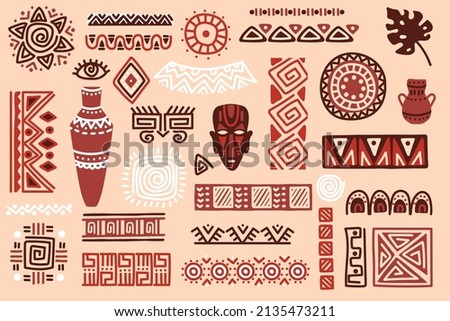 Hand drawn african elements, tribal shapes and textile ornaments. Traditional ritual masks, vases, ethnic circles and borders vector set. Mystic symbols and dividers, folk shapes isolated Royalty-Free Stock Photo #2135473211