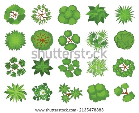Cartoon top view trees, plants, bushes for landscaping design. Garden tree, bush, shrub, plant elements for landscape plan vector set. Different greenery for projects, maps and schemes Royalty-Free Stock Photo #2135478883