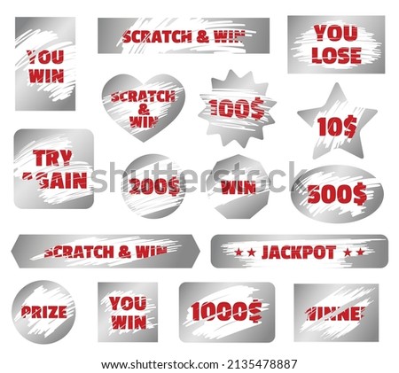 Silver scratchcard, scratch and win game, instant lottery tickets. Jackpot winner scratching cards, gambling ticket elements vector set. Erased surface with try again, prize and you lose text Royalty-Free Stock Photo #2135478887
