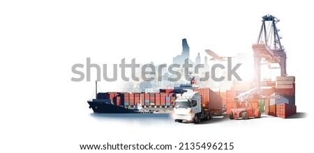 Global business logistics import export of containers cargo freight ship loading at port by crane, container handlers, cargo plane, truck on city background with copy space, transport industry concept Royalty-Free Stock Photo #2135496215