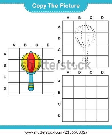 Copy the picture, copy the picture of Baby Rattle using grid lines. Educational children game, printable worksheet, vector illustration