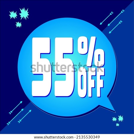 -55 percent discount. 55% discount. Up to 55%. Blue banner with floating balloon for promotions and offers. Vector