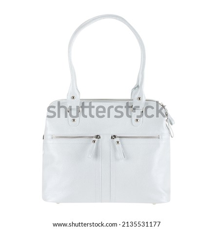 Front side of classic white women handbag with two small pockets on zip isolated on white background with clipping path