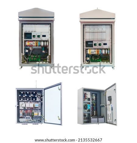 four electrical control Cabinet with open door isolated on white background Royalty-Free Stock Photo #2135532667