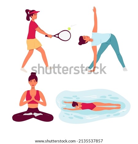 set of isolated characters. The girl is engaged in an active lifestyle. A woman swims, plays tennis, goes in for sports, yoga exercises,