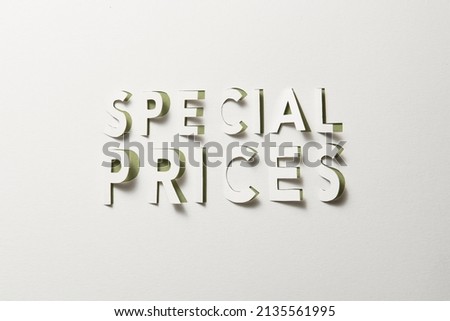 Written special price made with carved and raised letters, The white background lets you see the sage green below. Idea to create indurra the sale with promotions and discounts.