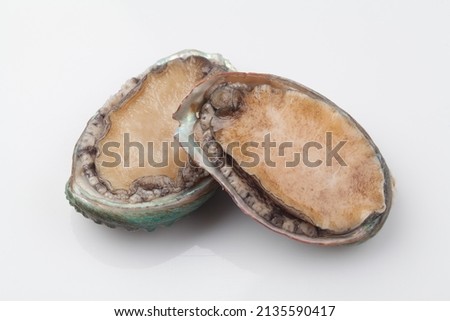 One with abalone. The length of the shell is 10-20 cm, and it is oval in shape and is brown or bluish-brown. The opening of the shell is wide and the holes are lined up on the outside. Royalty-Free Stock Photo #2135590417