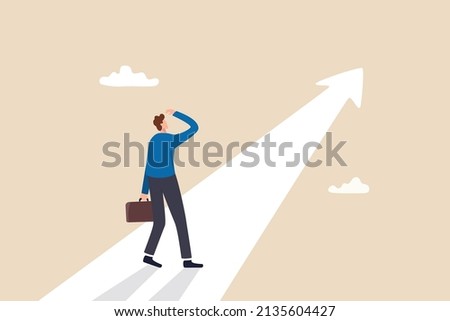 Finding purpose, objective and motivation to achieve goal, existential crisis to discover life meaning, challenge to define business target concept, confused businessman aiming at future purpose arrow Royalty-Free Stock Photo #2135604427