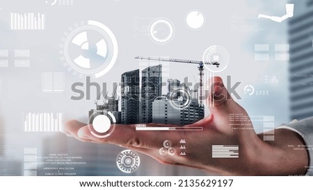 Innovative architecture and inventive civil engineering plan building construction project. Creative graphic design showing concept of infrastructure city building by architect, worker and engineer. Royalty-Free Stock Photo #2135629197