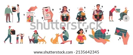 Charity volunteers set of isolated icons with conceptual images of gift boxes donation things and people vector illustration Royalty-Free Stock Photo #2135642345