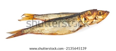 Smoked herring fish isolated on white background. Detail for design. Design elements. Macro. Full focus. Background for business cards, postcards and posters. Food object design. 