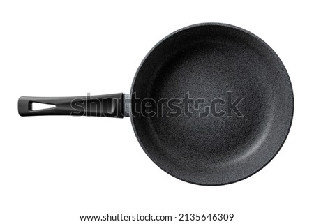 Empty metal frying pan with non-stick coating isolated on white background. Cast iron skillet with handle, grey, marble. Royalty-Free Stock Photo #2135646309