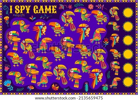 Cartoon mexican toucan birds on kids I spy game. Elementary school children puzzle with calculation activity. Children educational riddle game with tropical toucan birds and floral ornaments