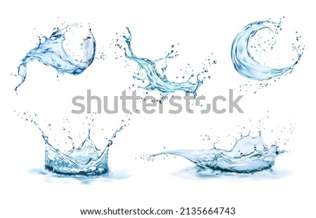 Water crown splashes and wave swirl with drops. Vector transparent blue liquid splashing fluids with droplets, isolated realistic 3d elements, fresh drink, clear aqua falling or pour with air bubbles Royalty-Free Stock Photo #2135664743