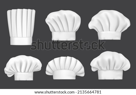 Chef hats, realistic 3D cook caps and baker toques vector mockup. Kitchen chef hats of different shapes, restaurant cook and culinary baker uniform or headwear items, gourmet chef toque Royalty-Free Stock Photo #2135664781