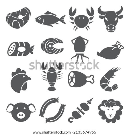Meat and Seafood Icons set on white background