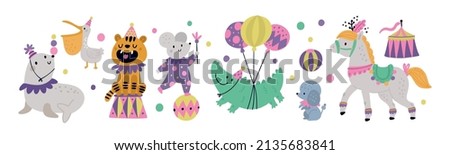 Cute baby circus animals in cartoon style isolated on white background. Festive animals characters party for kids celebration. Vector set