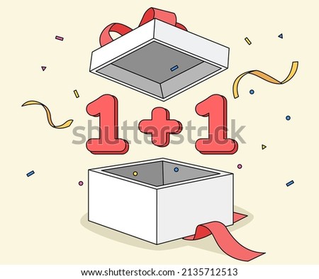 pop out of the box for a 1+1 coupon event illustration set. discount, ribbon, event, present. Vector drawing. Hand drawn style.