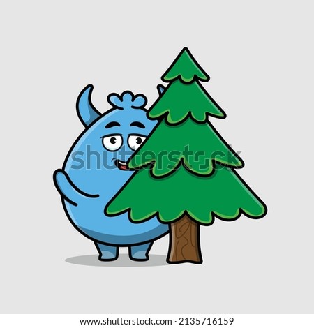 Cute cartoon Goblin monster character hiding tree in 3d modern design