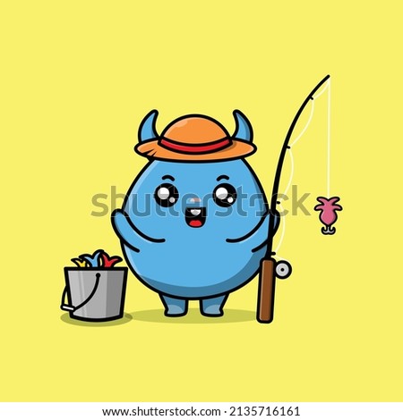 Cute cartoon goblin monster ready fishing wearing fishing equipment cartoon character