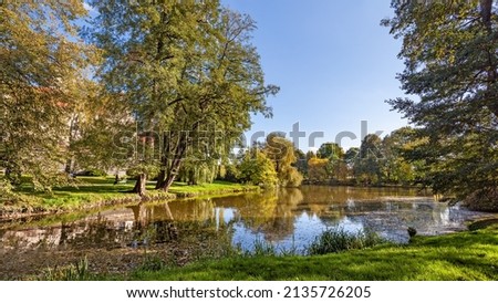 Park with scenic pond in the autumn - Scenic landscape Royalty-Free Stock Photo #2135726205