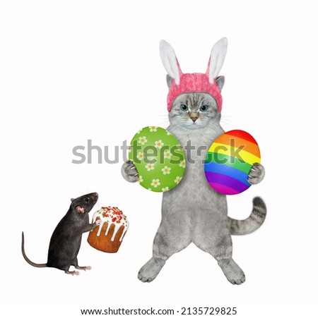 An ashen cat in a pink bunny hat with a rat celebrate easter. White background. Isolated.