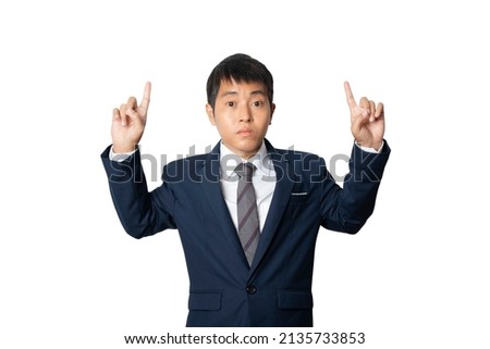 Businessman of pointing up with his finger. presenting gesture.Human emotion face expression concept. Studio shot isolated on white background. copy space.