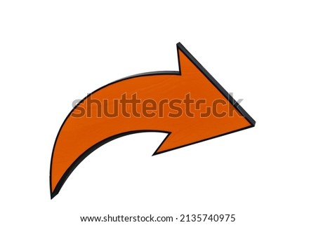 An orange lighted sign is an arrow head curved to the right in a black iron box on the wall isolated on white background. This has clipping path. Royalty-Free Stock Photo #2135740975