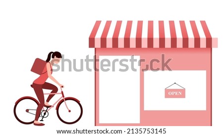 Woman with bicycle at pickup store. delivery business vector illustration on white background. 