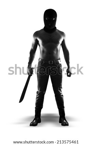 A dangerous man wearing a balaclava camouflage and holding knife standing isolated on white background with clipping path