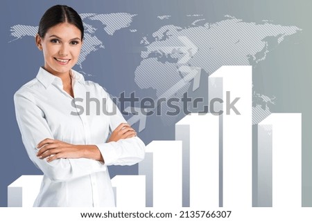 Business woman standing with  infographic template. Business Information Concept.