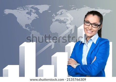 Business woman standing with  infographic template. Business Information Concept.