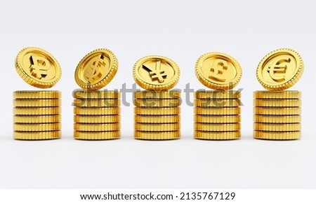Isolate of main currency on golden coin stacking include dollar euro pound sterling yen yuan and Ruble on white background for currency exchange concept by 3d rendering. Royalty-Free Stock Photo #2135767129