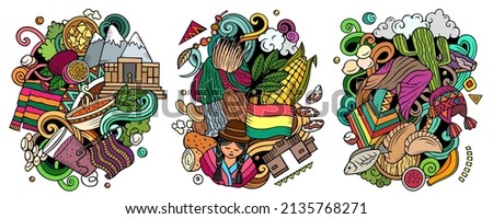 Bolivia cartoon vector doodle designs set. Colorful detailed compositions with lot of traditional symbols. Isolated on white illustrations
