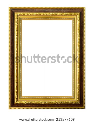 Gold picture frame on white background.