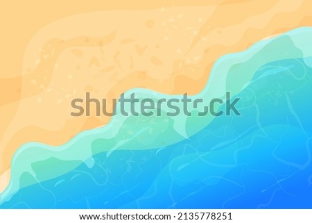 Summer beach with sand and waves top view in cartoon style, background. Tropical coast line, landscape, scenery. Royalty-Free Stock Photo #2135778251