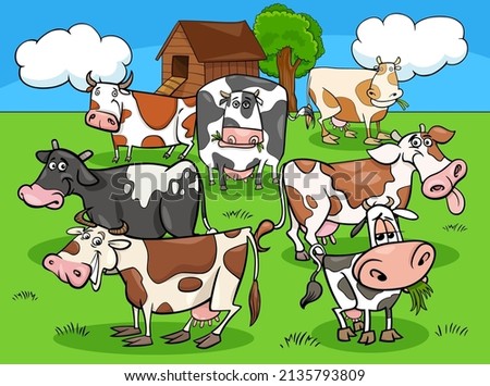 Cartoon illustration of cows farm animal characters group in the countryside