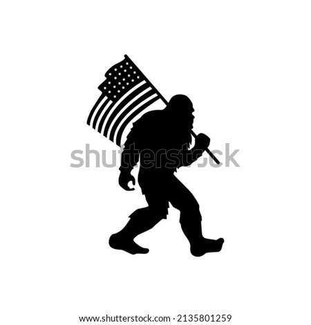 Bigfoot with american flag. Yeti silhouette. T shirt design. Vector illustration.