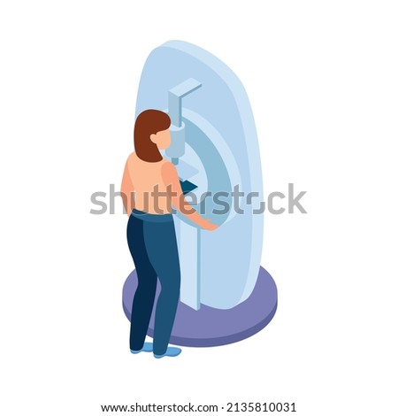 Cancer control isometric composition with character of female patient with screening apparatus vector illustration