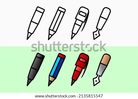 Set of black white and color vector stationery icons in line art style