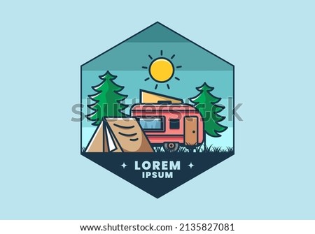 Camping van and tent between pine trees illustration design