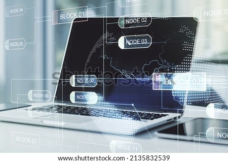 Double exposure of abstract programming language with world map on laptop background, research and development concept