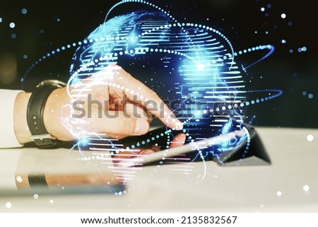 Abstract graphic digital world map with connections and finger presses on a digital tablet on background, globalization concept. Multiexposure