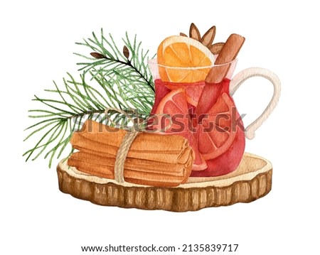 Hot drink. Tea, citrus and cinnamon. Watercolor hand drawn