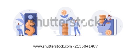 Investment illustration set. People characters investing money in self development, knowledge and education. Personal finance management and financial literacy concept. Vector illustration. Royalty-Free Stock Photo #2135841409