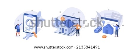 Mortgage process illustration set. People buying property with mortgage. Characters getting bank approval, reading contact and legal documents and receiving house keys. Vector illustration.
