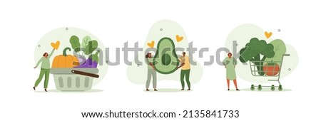 Grocery vegetables illustration set. Character buying fresh organic vegetables and putting in shopping trolley and basket. Local production support concept. Vector illustration.